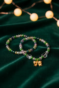 Green Crystal & White Heart Bracelet with Gold Bow Charm — Handmade Beaded Stretch Bracelet