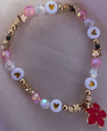 Pink Crystal Heart & Red Flower Charm Bracelet