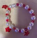 White Pearl & Red Crystal Bracelet with Red Flower Charms