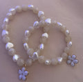 White Moonstone & Mother of Pearl Heart Bead Bracelet with Daisy Charm