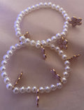 White Pearl Bracelet Set with Pink Enamel Flower Charms